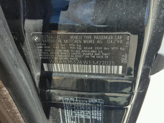 WBABJ8326WEM22025 - 1998 BMW 323 IC AUT BLACK photo 10