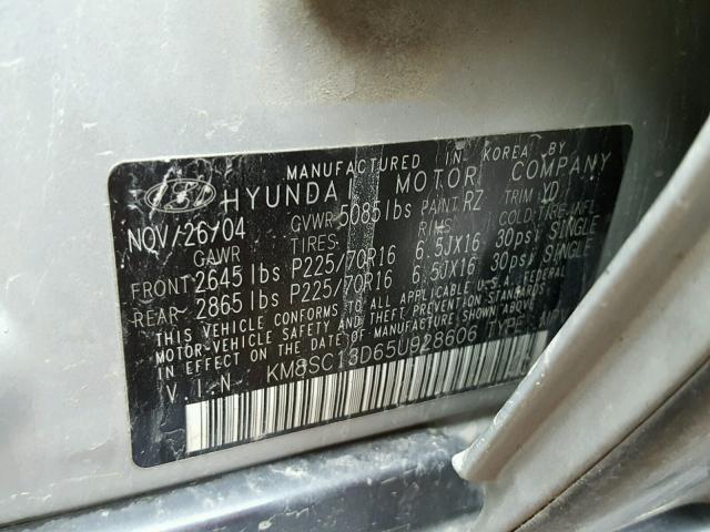 KM8SC13D65U928606 - 2005 HYUNDAI SANTA FE SILVER photo 10