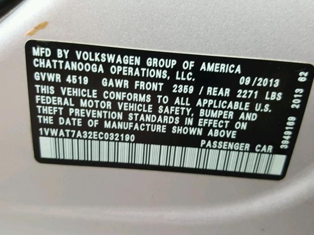 1VWAT7A32EC032190 - 2014 VOLKSWAGEN PASSAT S فضي صورة 10