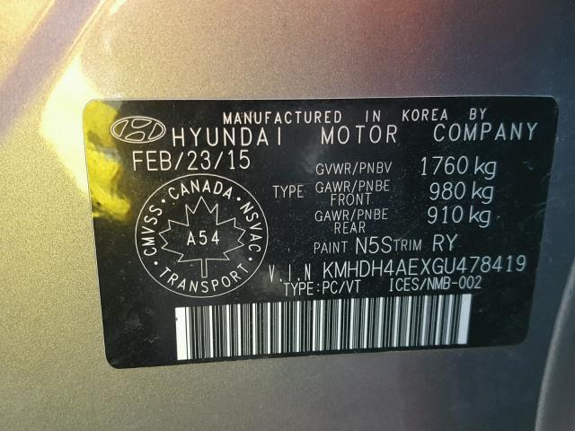 KMHDH4AEXGU478419 - 2016 HYUNDAI ELANTRA SE CHARCOAL photo 10