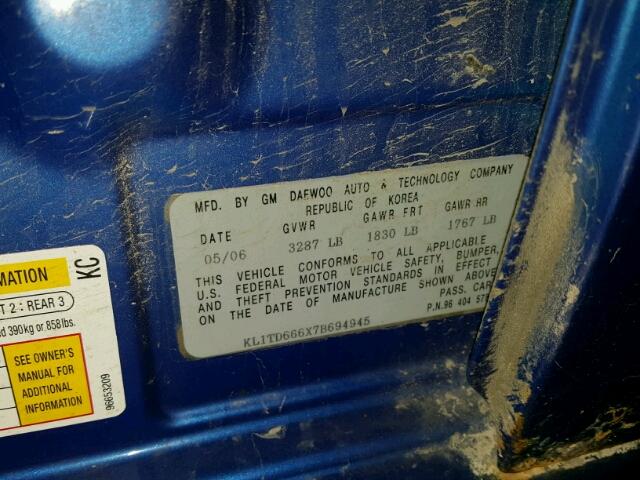 KL1TD666X7B694945 - 2007 CHEVROLET AVEO BASE Көк фото 10