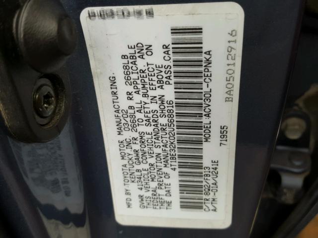 4T1BE32K02U568816 - 2002 TOYOTA CAMRY BLUE photo 10