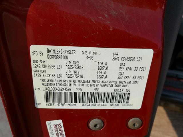 1J4GL38K46W244506 - 2006 JEEP LIBERTY RE RED photo 10