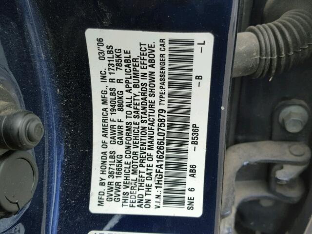 1HGFA16266L075879 - 2006 HONDA CIVIC DX BLUE photo 10