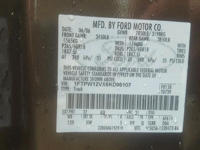 1FTPW12VX6KD96107 - 2006 FORD F150 GRAY photo 10