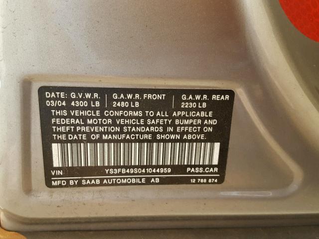 YS3FB49S041044959 - 2004 SAAB 9-3 LINEAR SILVER photo 10