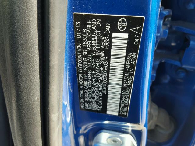 JTDKTUD39DD560349 - 2013 TOYOTA YARIS BLUE photo 10