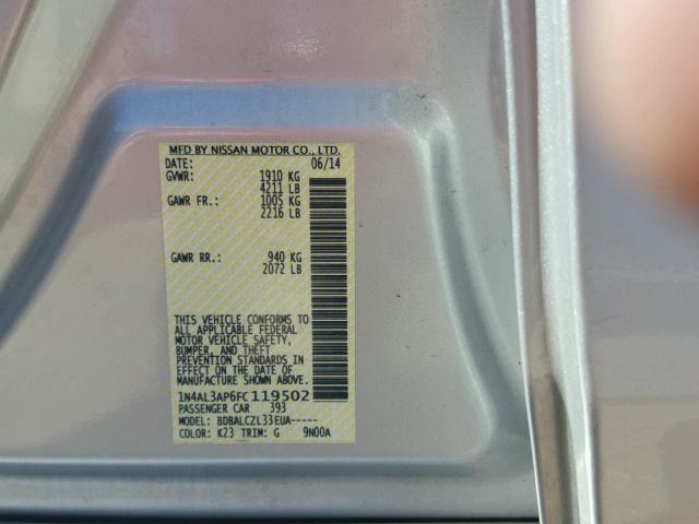 1N4AL3AP6FC119502 - 2015 NISSAN ALTIMA 2.5 SILVER photo 10