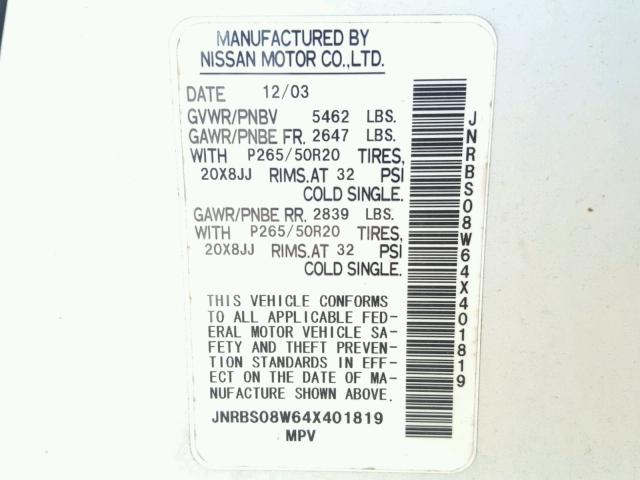 JNRBS08W64X401819 - 2004 INFINITI FX45 WHITE photo 10