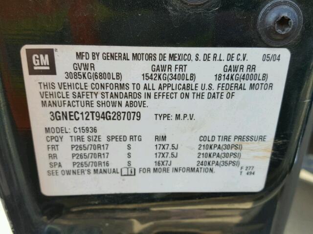 3GNEC12T94G287079 - 2004 CHEVROLET AVALANCHE 绿色 照片 10