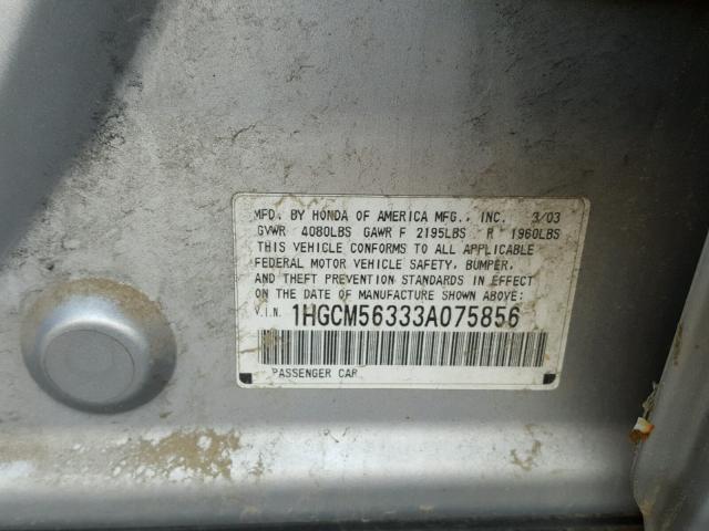 1HGCM56333A075856 - 2003 HONDA ACCORD LX SILVER photo 10