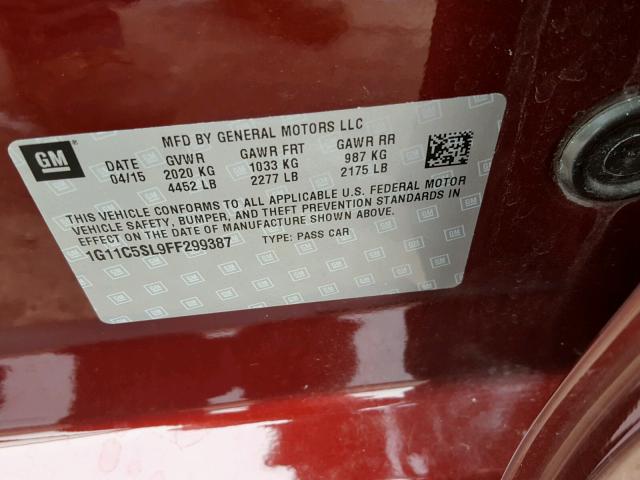 1G11C5SL9FF299387 - 2015 CHEVROLET MALIBU 1LT 勃艮第红 照片 10