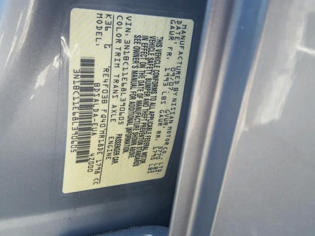 3N1BC11E68L390605 - 2008 NISSAN VERSA S GRAY photo 10