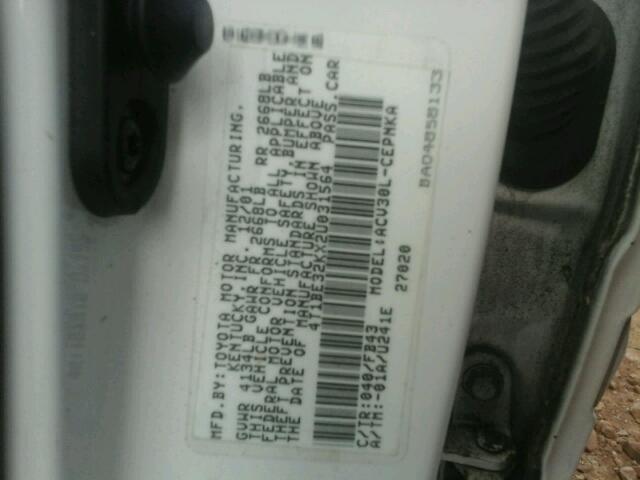 4T1BE32KX2U031564 - 2002 TOYOTA CAMRY LE WHITE photo 10