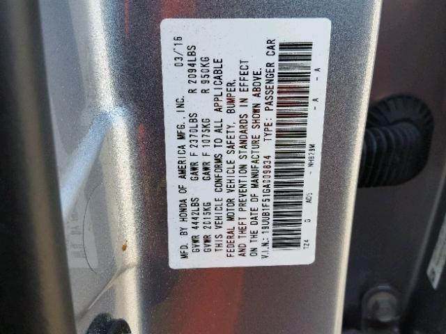 19UUB1F51GA009834 - 2016 ACURA TLX TECH SILVER photo 10