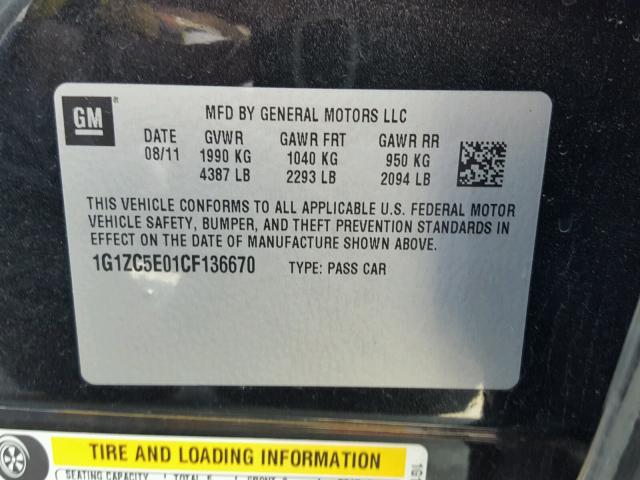 1G1ZC5E01CF136670 - 2012 CHEVROLET MALIBU 1LT BLACK photo 10