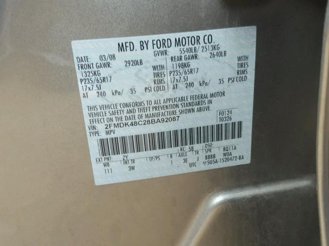 2FMDK48C28BA92087 - 2008 FORD EDGE SEL GRAY photo 10