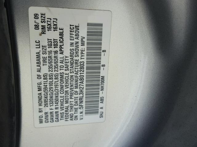 5FNRL3H27AB012803 - 2010 HONDA ODYSSEY LX SILVER photo 10