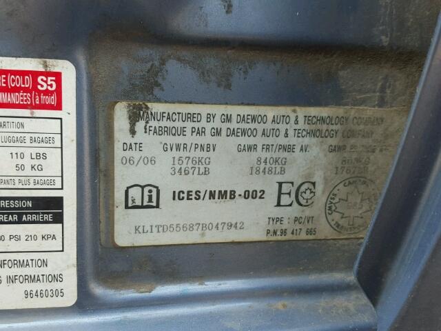 KL1TD55687B047942 - 2007 CHEVROLET AVEO BASE Көк фото 10