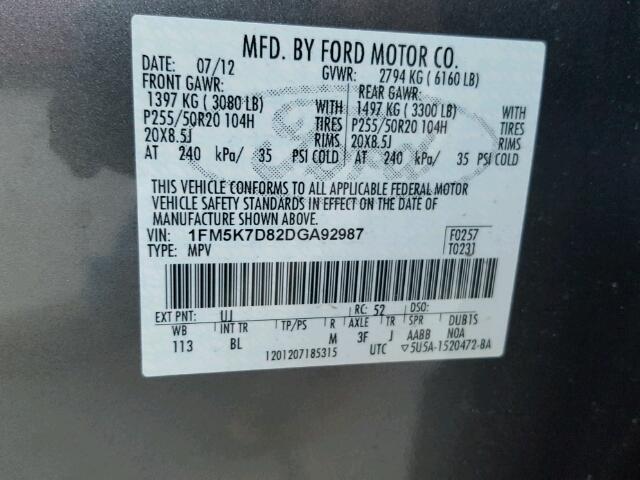 1FM5K7D82DGA92987 - 2013 FORD EXPLORER X GRAY photo 10