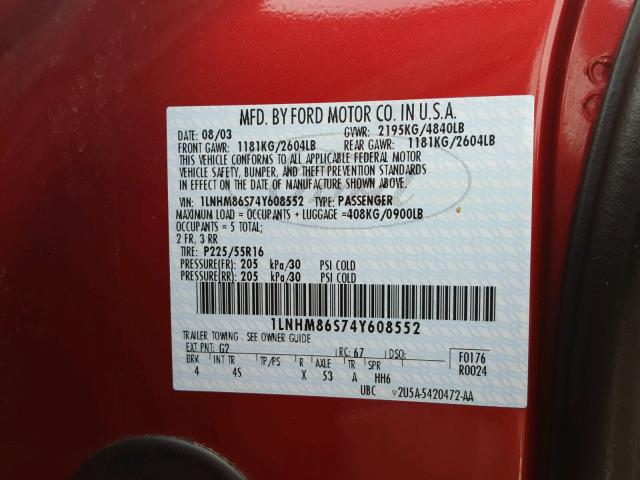 1LNHM86S74Y608552 - 2004 LINCOLN LS 红色 照片 10