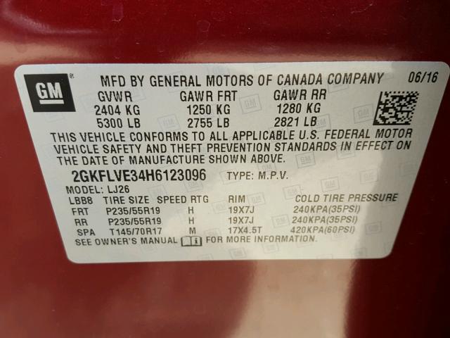 2GKFLVE34H6123096 - 2017 GMC TERRAIN DE MAROON photo 10