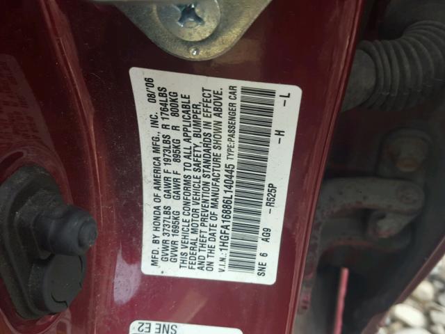 1HGFA16886L140445 - 2006 HONDA CIVIC EX 栗色 照片 10