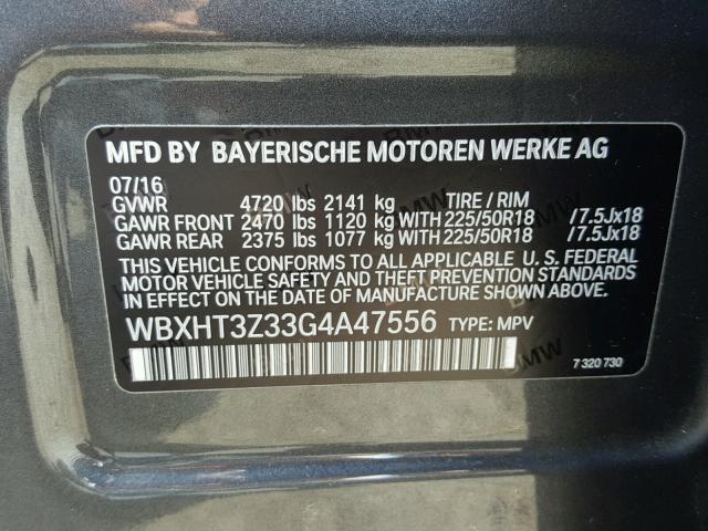 WBXHT3Z33G4A47556 - 2016 BMW X1 XDRIVE2 GRAY photo 10