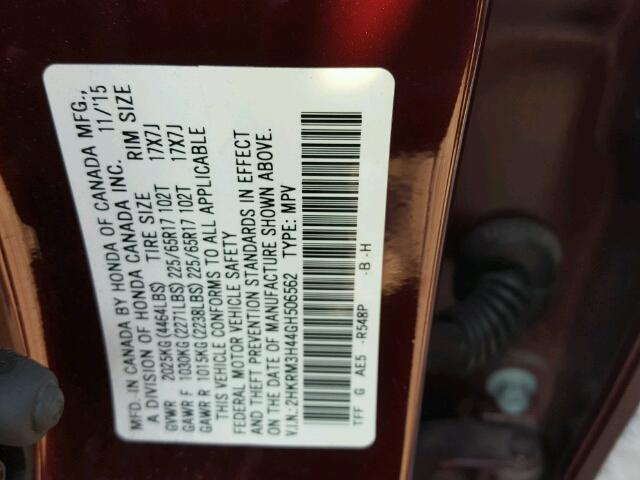 2HKRM3H44GH506562 - 2016 HONDA CR-V SE BLUE photo 10