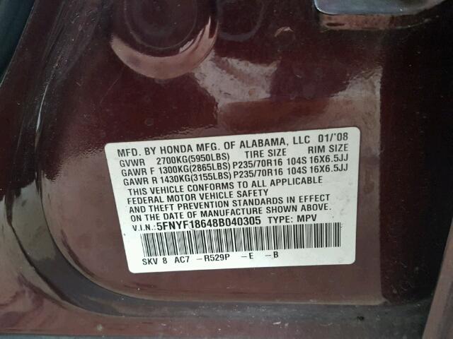 5FNYF18648B040305 - 2008 HONDA PILOT EXL MAROON photo 10