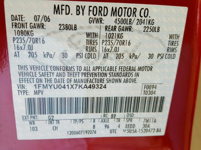 1FMYU041X7KA49324 - 2007 FORD ESCAPE RED photo 10