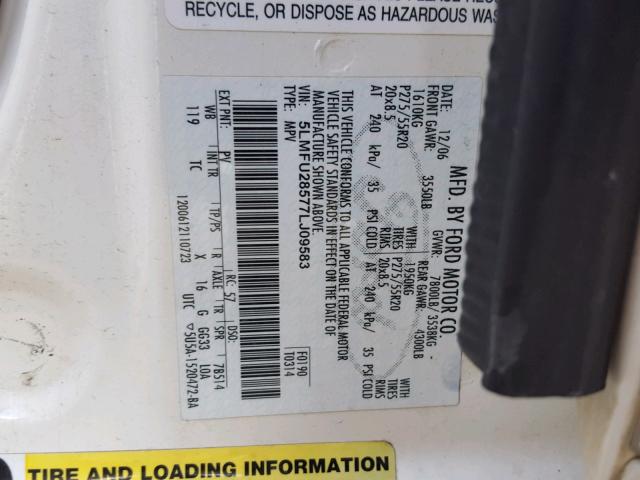 5LMFU28577LJ09583 - 2007 LINCOLN NAVIGATOR 白色 照片 10