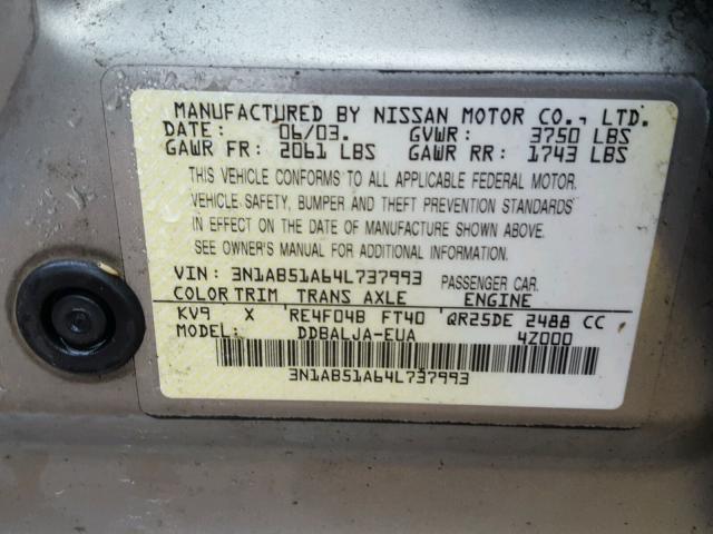 3N1AB51A64L737993 - 2004 NISSAN SENTRA 2.5 SILVER photo 10