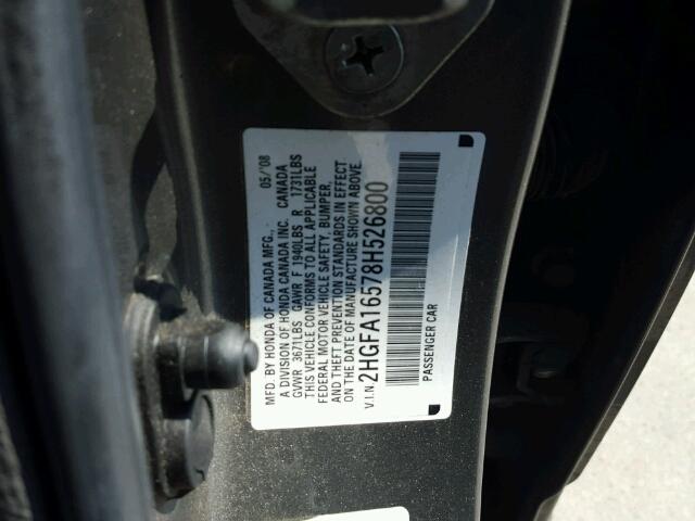 2HGFA16578H526800 - 2008 HONDA CIVIC GRAY photo 10