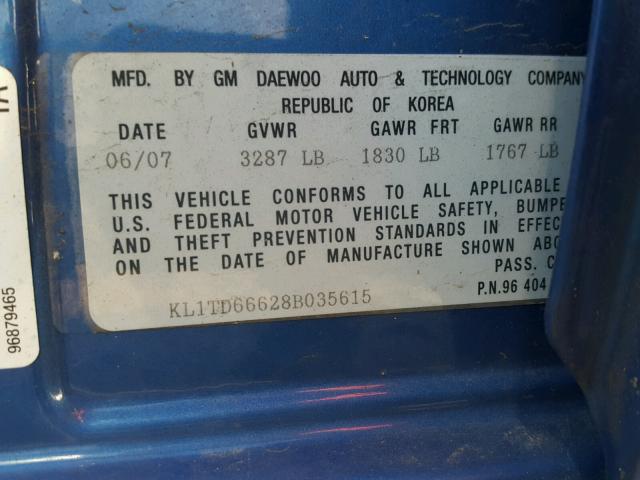 KL1TD66628B035615 - 2008 CHEVROLET AVEO BASE Niebieski zdjęcie 10