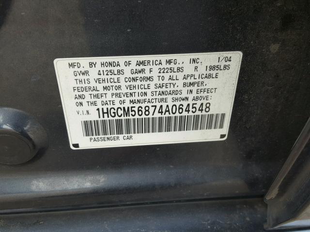 1HGCM56874A064548 - 2004 HONDA ACCORD EX CHARCOAL photo 10