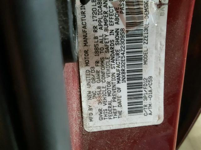 1NXBR32E54Z230958 - 2004 TOYOTA COROLLA S RED photo 10