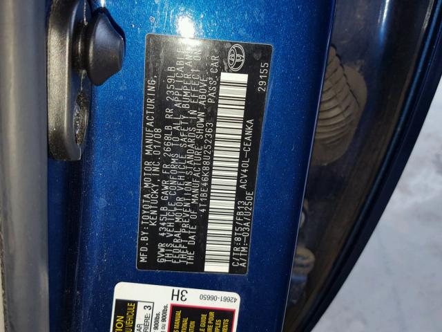 4T1BE46K88U252363 - 2008 TOYOTA CAMRY BLUE photo 10