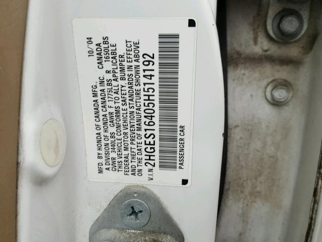 2HGES16405H514192 - 2005 HONDA CIVIC WHITE photo 10