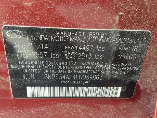 5NPE34AF4FH059863 - 2015 HYUNDAI SONATA SPO RED photo 10