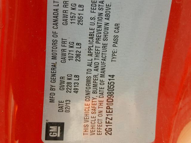 2G1FZ1EP0D9805514 - 2013 CHEVROLET CAMARO ZL1 红色 照片 10