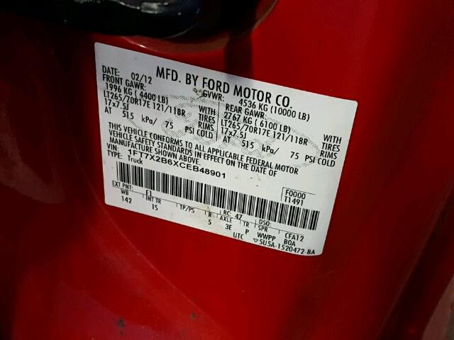 1FT7X2B6XCEB48901 - 2012 FORD F250 SUPER RED photo 10