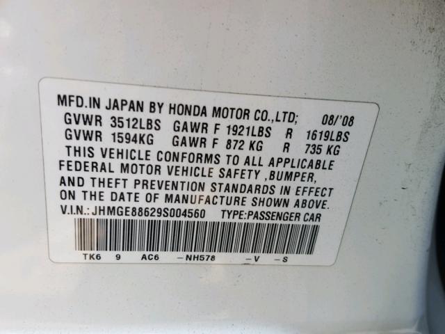 JHMGE88629S004560 - 2009 HONDA FIT SPORT WHITE photo 10