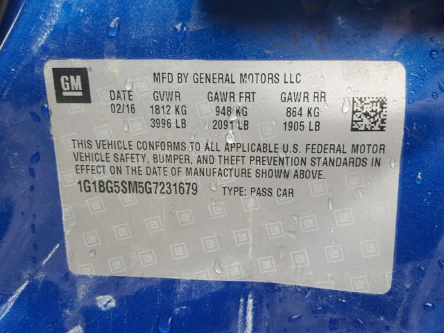 1G1BG5SM5G7231679 - 2016 CHEVROLET CRUZE PREM BLUE photo 10