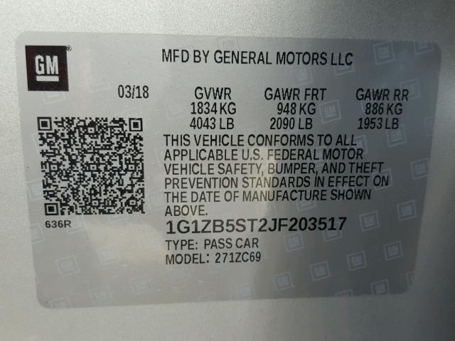 1G1ZB5ST2JF203517 - 2018 CHEVROLET MALIBU LS Gümüş foto 10