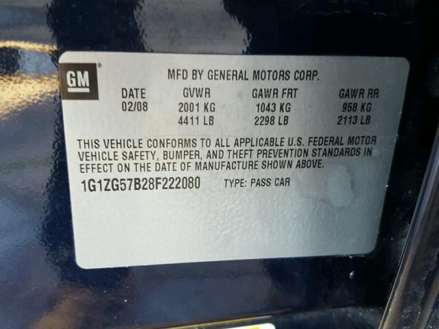 1G1ZG57B28F222080 - 2008 CHEVROLET MALIBU BLUE photo 10