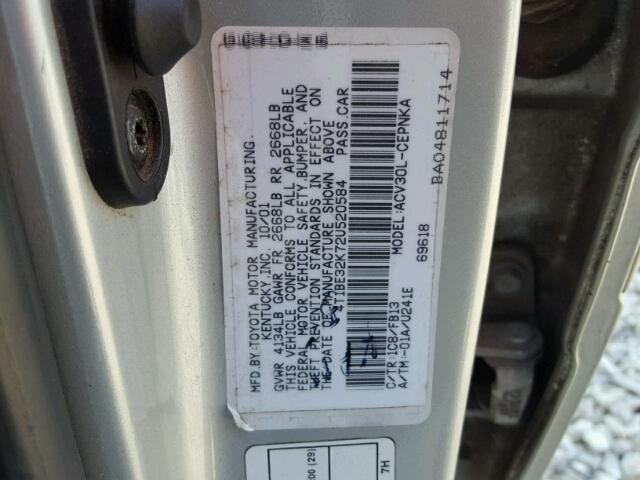 4T1BE32K72U520584 - 2002 TOYOTA CAMRY LE GRAY photo 10