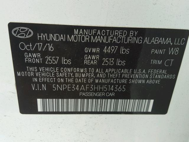 5NPE34AF3HH514365 - 2017 HYUNDAI SONATA SPO WHITE photo 10