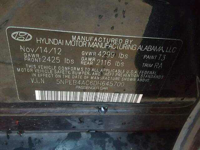 5NPEB4AC6DH645700 - 2013 HYUNDAI SONATA GLS BLACK photo 10