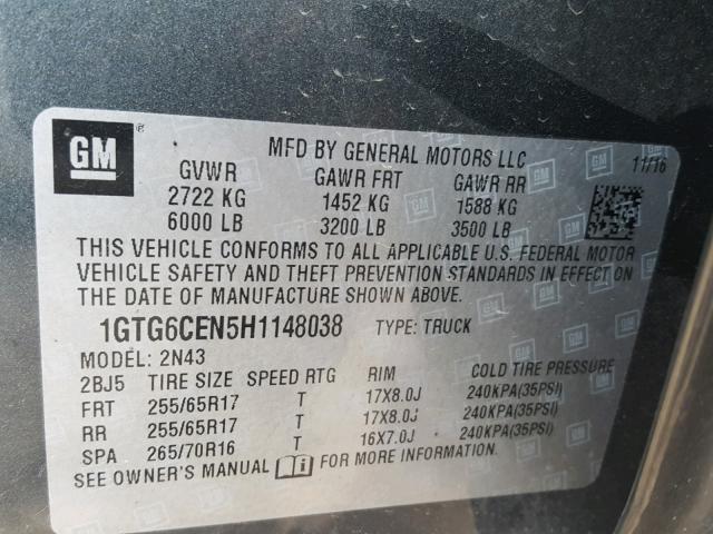 1GTG6CEN5H1148038 - 2017 GMC CANYON SLE GRAY photo 10